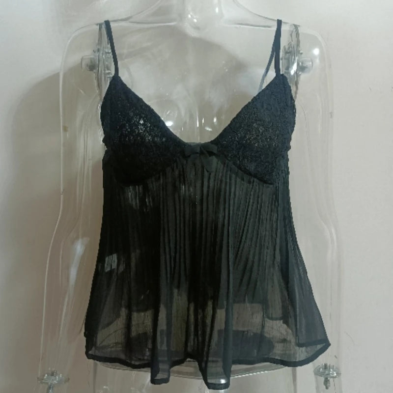 Women Y2K Fairy Pleated Mesh Sheer Camisole Mini Bowknot Front Spaghetti Strap V-Neck Lace Cropped Tops Clubwear Streetwear