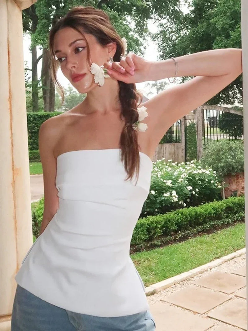 Sexy Slit Tops for Women Slim Streetwear Bandeau Top Casual Solid Strapless Bra Sleeveless Wrap Backless Ruched Y2K Top Mujer
