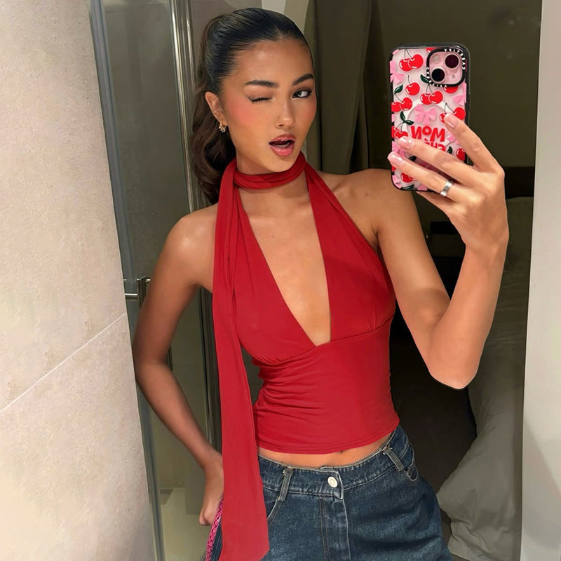 Deep V-Neck Halter Tops Summer Fashion Y2K Sleeveless T-Shirt for Women Clothing