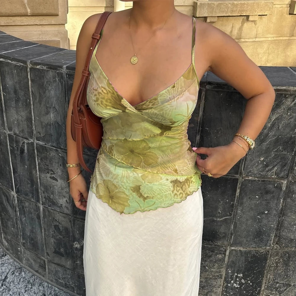 Women Summer Vintage Y2K Aesthetic Crop Tops Floral Print Boho Sleeveless Spaghetti Strap Mesh See through Coquette Tanks Camis