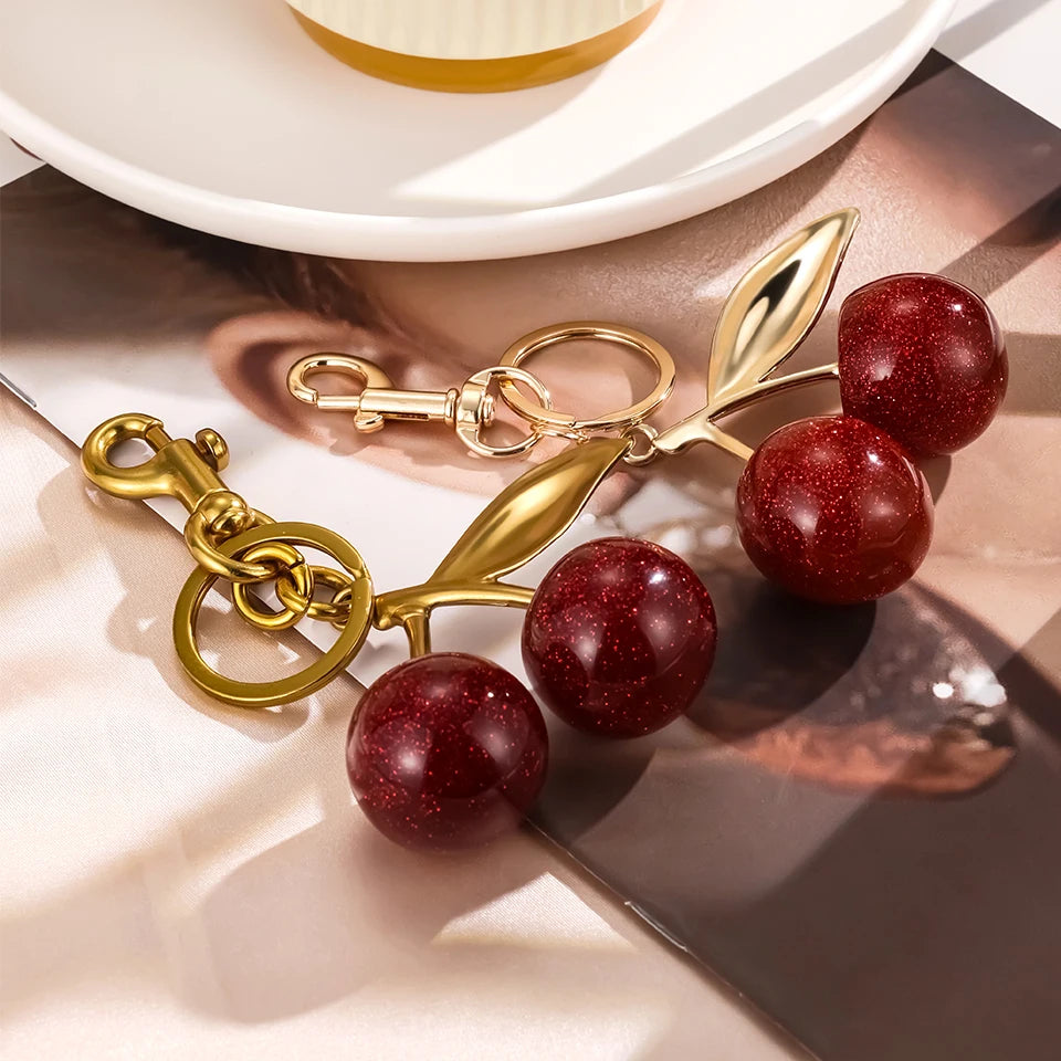 Fashion Red Cherry Keychain Summer Fruits Cherries Pendant Keyring for Women Men Jewelry Bag Accessories Gift