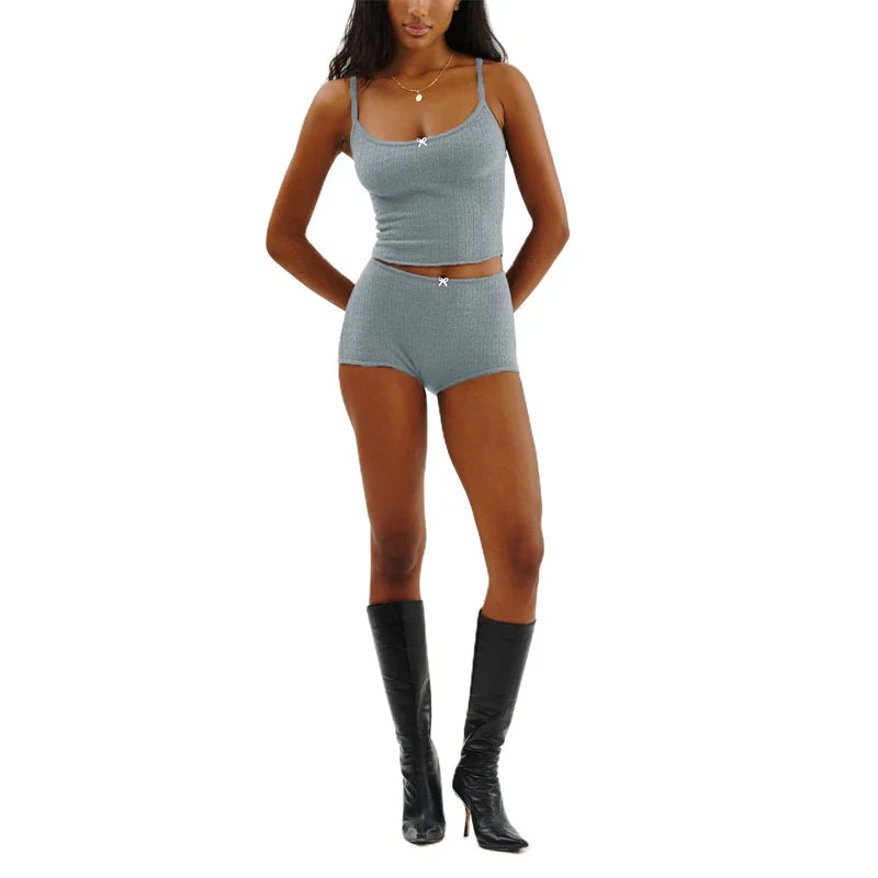 Y2K Pajamas Sets Women Bow Sleeveless Knitted Camisole Tops and Elastic Shorts Loungewear Soft Sleepwear for Nightwear