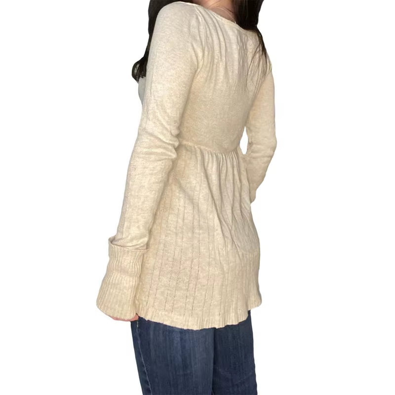 2000S Vintage Long Sleeve Babydoll Knitted Sweater Tops Cottage Milkmaid Pullovers Aesthetic Grunge Y2K Knitwear T-Shirts Women