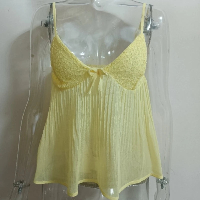 Women Y2K Fairy Pleated Mesh Sheer Camisole Mini Bowknot Front Spaghetti Strap V-Neck Lace Cropped Tops Clubwear Streetwear