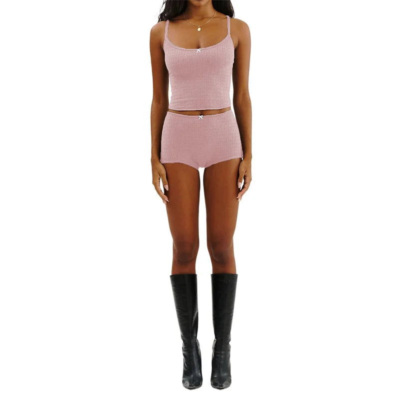 Y2K Pajamas Sets Women Bow Sleeveless Knitted Camisole Tops and Elastic Shorts Loungewear Soft Sleepwear for Nightwear