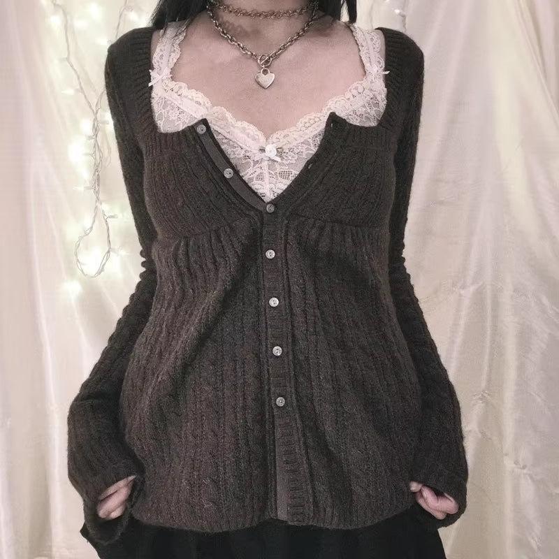 2000S Vintage Long Sleeve Babydoll Knitted Sweater Tops Cottage Milkmaid Pullovers Aesthetic Grunge Y2K Knitwear T-Shirts Women