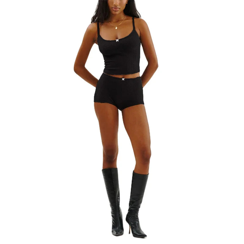 Y2K Pajamas Sets Women Bow Sleeveless Knitted Camisole Tops and Elastic Shorts Loungewear Soft Sleepwear for Nightwear