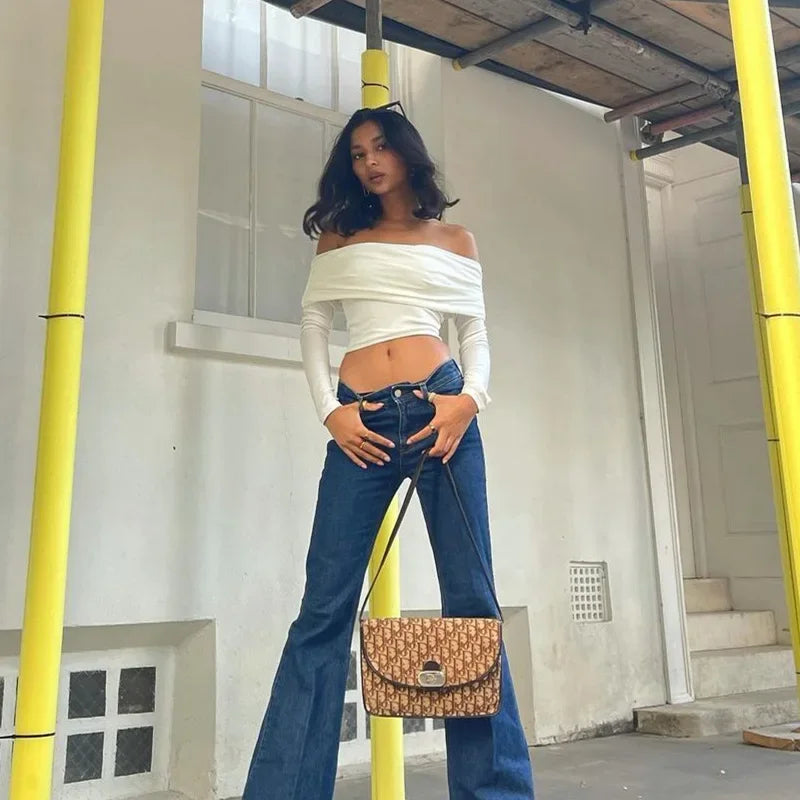 Women off Shoulder Long Sleeve Slim Tops and Blouses Mesh Ruched Crop Tops Summer Autumn Y2K Sexy Elegant Shirts Female