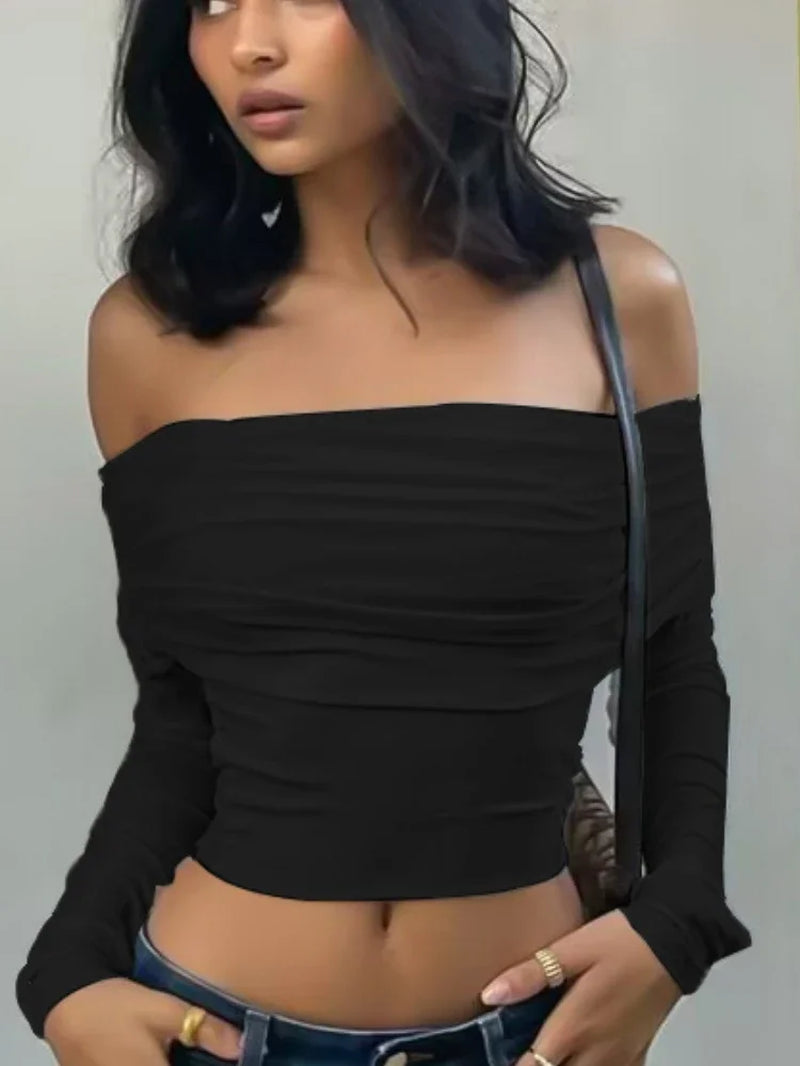 Women off Shoulder Long Sleeve Slim Tops and Blouses Mesh Ruched Crop Tops Summer Autumn Y2K Sexy Elegant Shirts Female