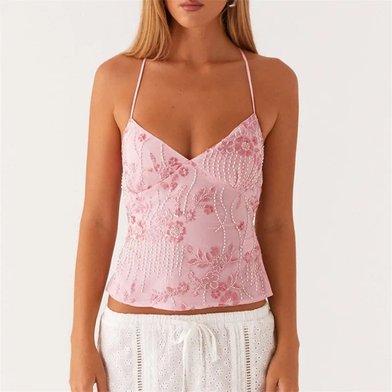 Summer Women Y2K Sequin Halter Crop Tops Pearl Embellished Cami Tops Summer Glitter V Neck Rhinestone Camisole Tank Shirt