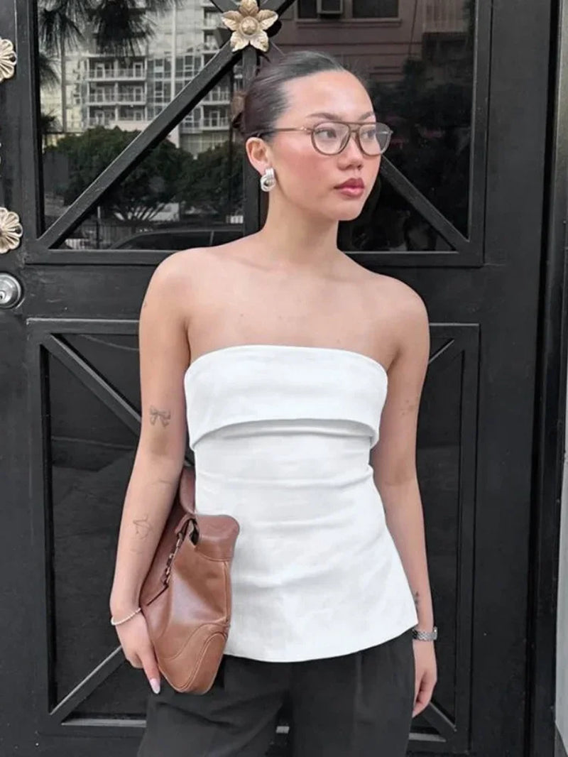 Sexy Slit Tops for Women Slim Streetwear Bandeau Top Casual Solid Strapless Bra Sleeveless Wrap Backless Ruched Y2K Top Mujer
