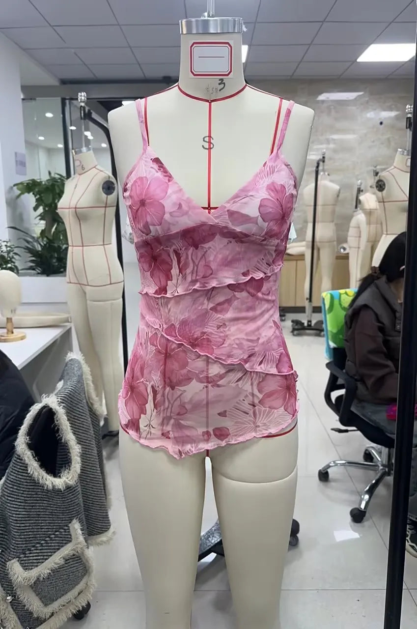 Women Summer Vintage Y2K Aesthetic Crop Tops Floral Print Boho Sleeveless Spaghetti Strap Mesh See through Coquette Tanks Camis