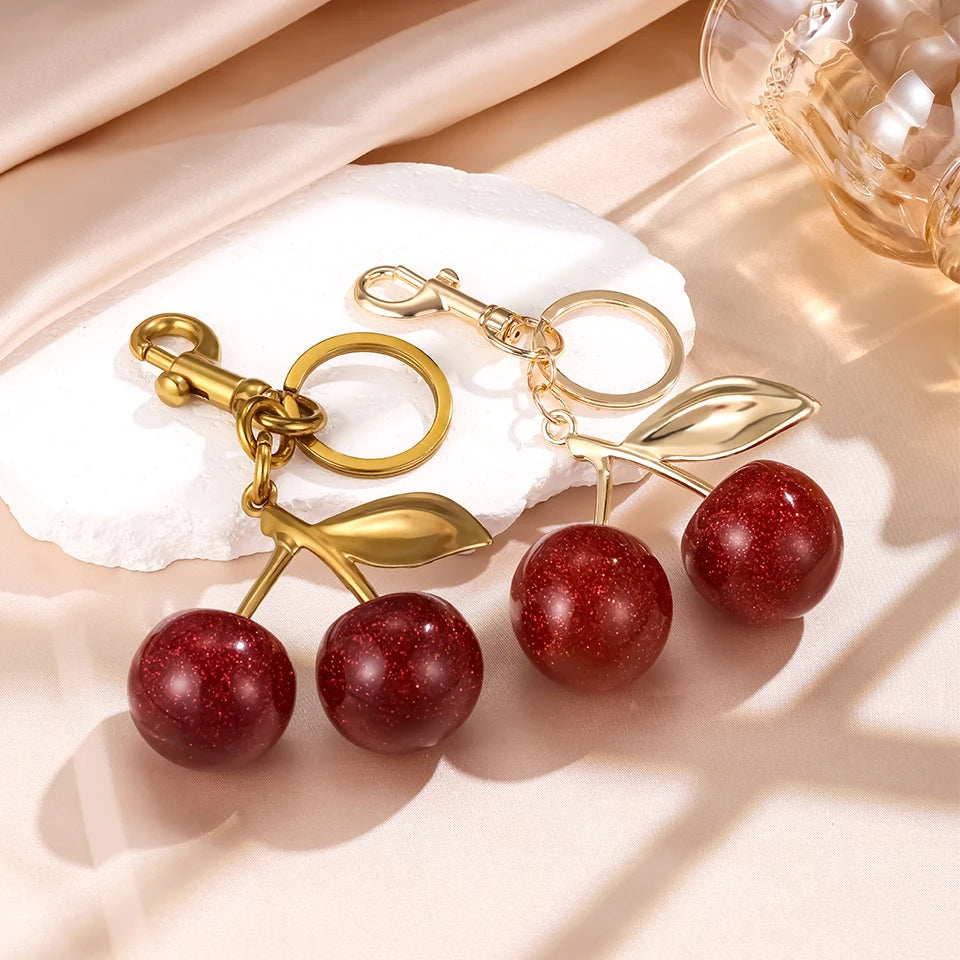 Fashion Red Cherry Keychain Summer Fruits Cherries Pendant Keyring for Women Men Jewelry Bag Accessories Gift