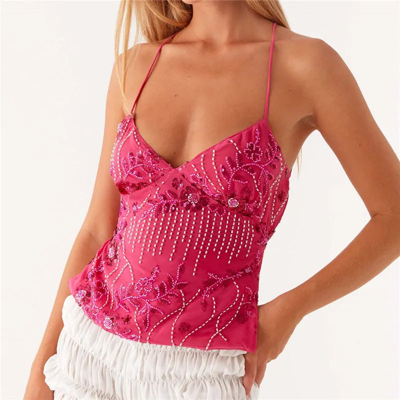 Summer Women Y2K Sequin Halter Crop Tops Pearl Embellished Cami Tops Summer Glitter V Neck Rhinestone Camisole Tank Shirt