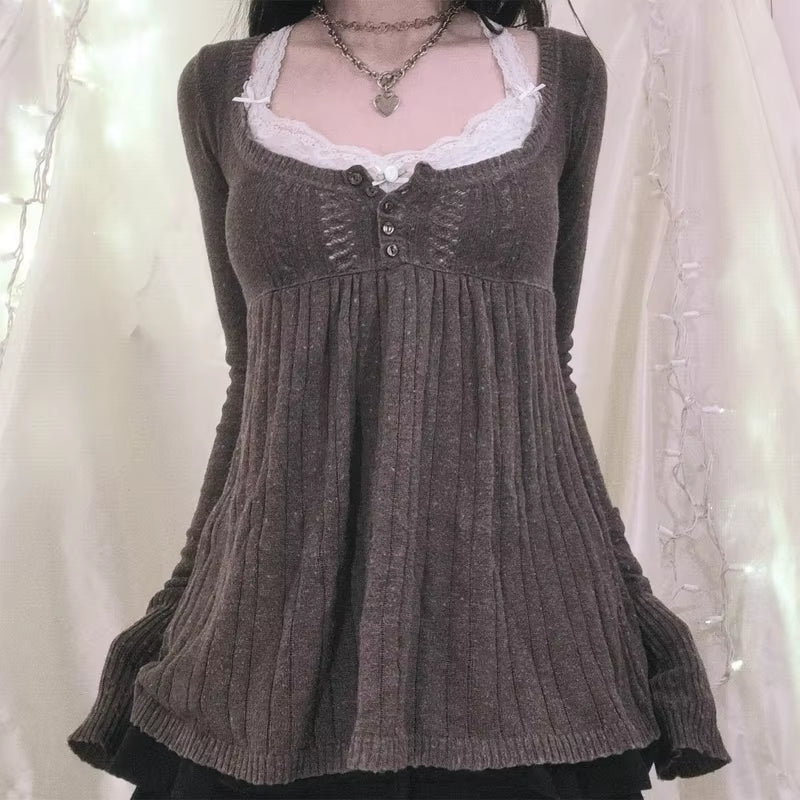 2000S Vintage Long Sleeve Babydoll Knitted Sweater Tops Cottage Milkmaid Pullovers Aesthetic Grunge Y2K Knitwear T-Shirts Women