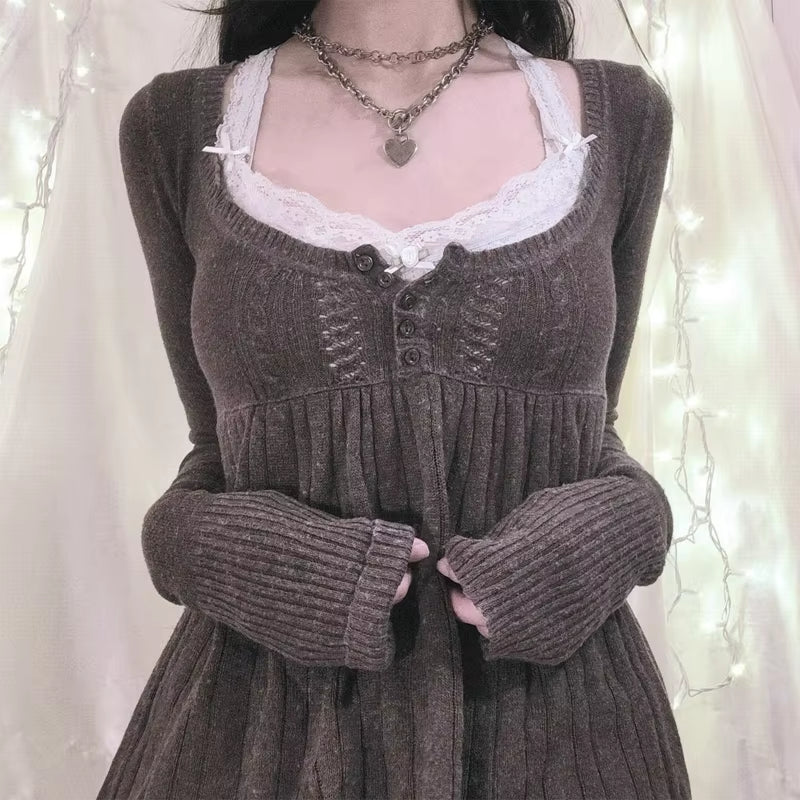 2000S Vintage Long Sleeve Babydoll Knitted Sweater Tops Cottage Milkmaid Pullovers Aesthetic Grunge Y2K Knitwear T-Shirts Women