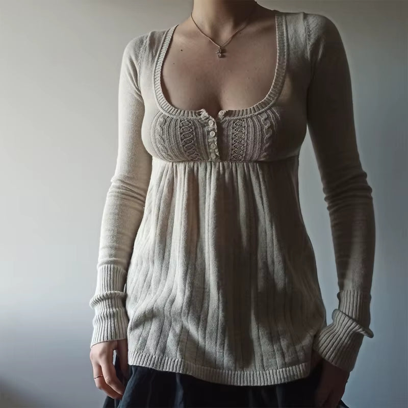 2000S Vintage Long Sleeve Babydoll Knitted Sweater Tops Cottage Milkmaid Pullovers Aesthetic Grunge Y2K Knitwear T-Shirts Women