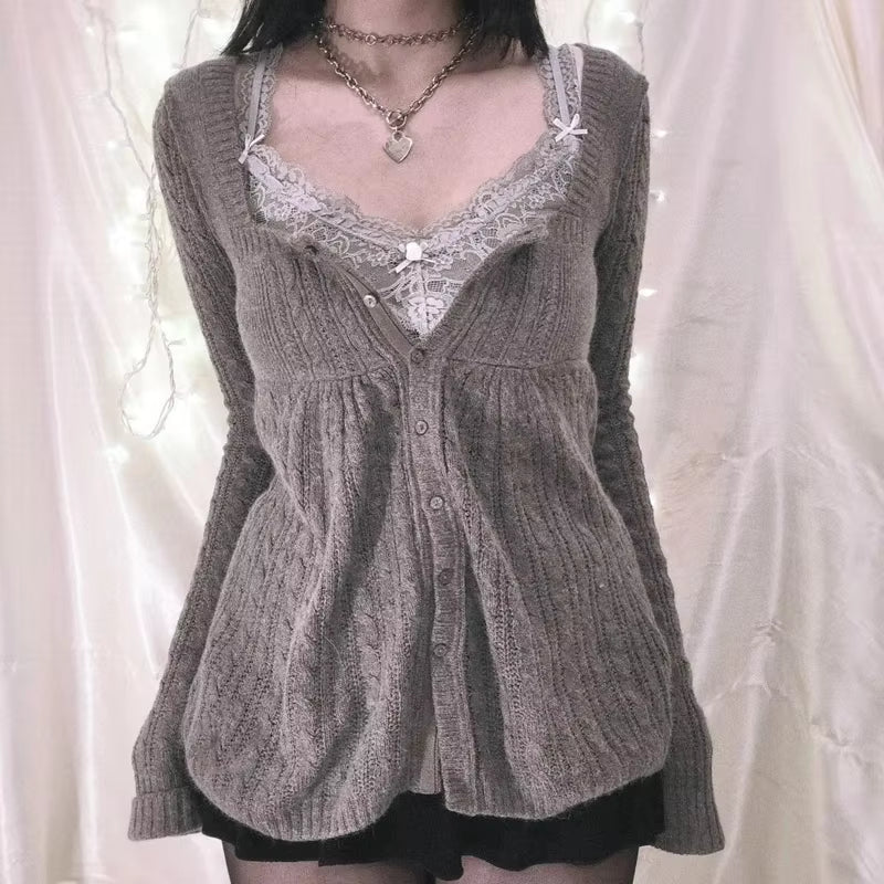 2000S Vintage Long Sleeve Babydoll Knitted Sweater Tops Cottage Milkmaid Pullovers Aesthetic Grunge Y2K Knitwear T-Shirts Women