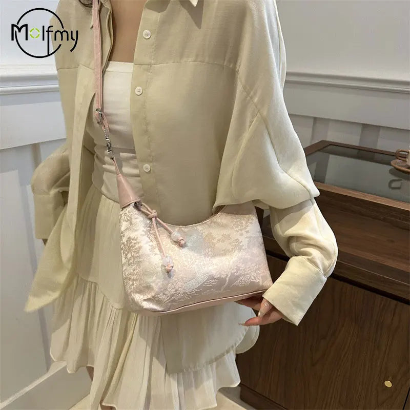Sweet Embroidery Shoulder Bag with Pearl Pendant
