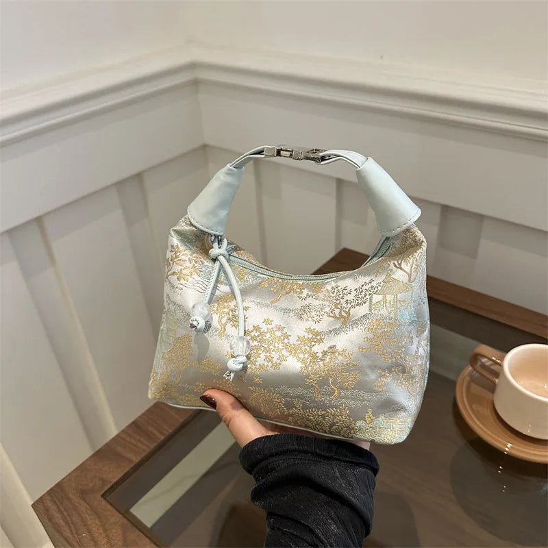 Sweet Embroidery Shoulder Bag with Pearl Pendant
