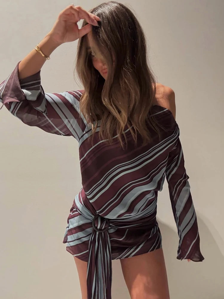 One Shoulder Printed Striped Dress