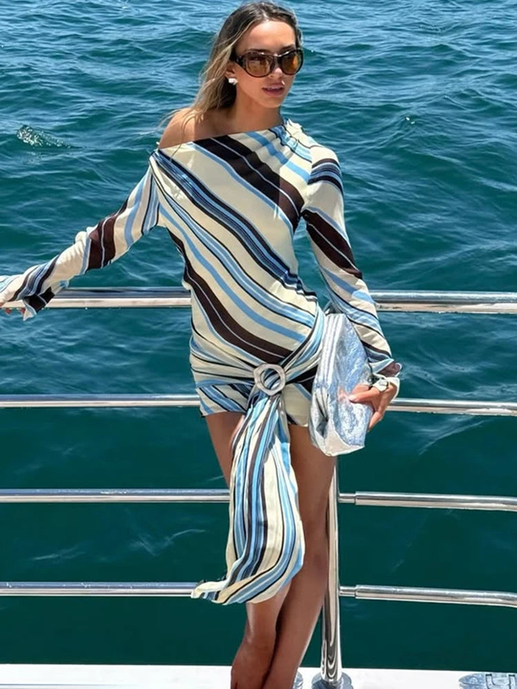One Shoulder Printed Striped Dress