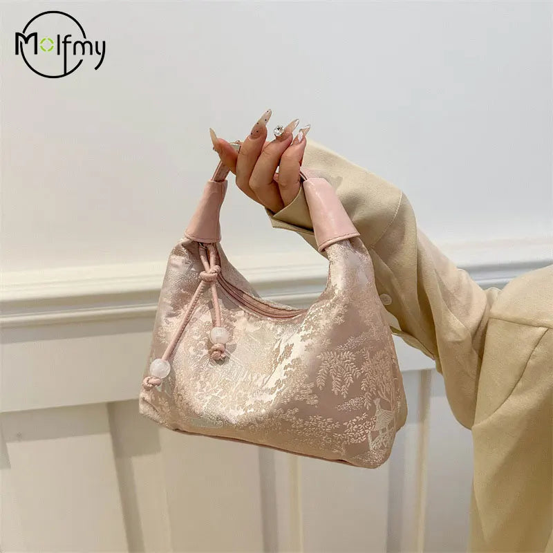 Sweet Embroidery Shoulder Bag with Pearl Pendant