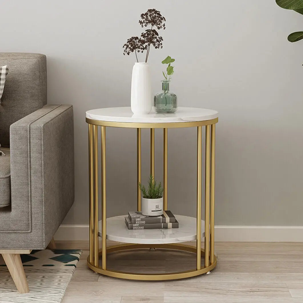 2-Tier White Marble Side Table Round Coffee Table