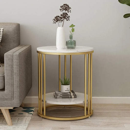 2-Tier White Marble Side Table Round Coffee Table