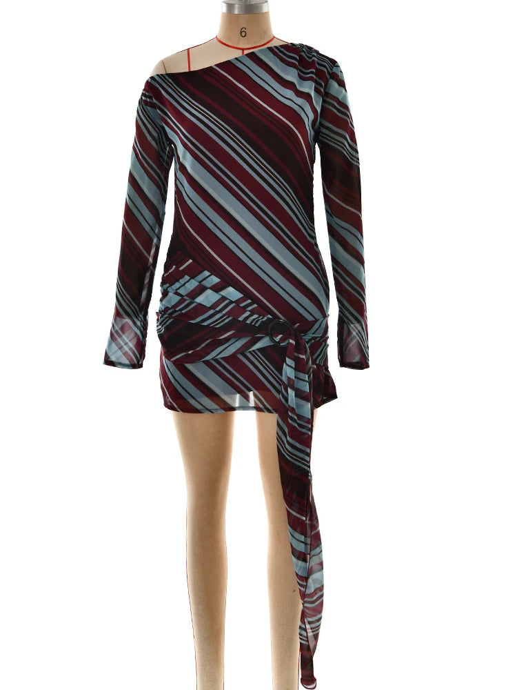 One Shoulder Printed Striped Dress