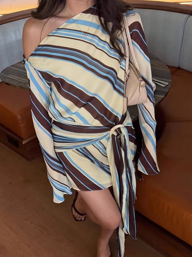 One Shoulder Printed Striped Dress