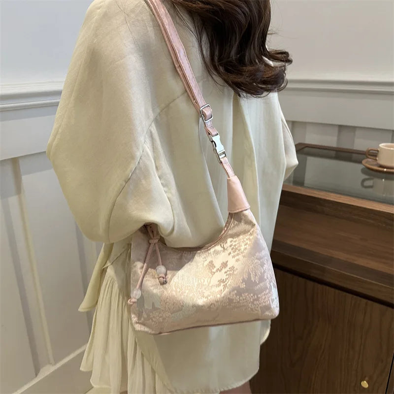 Sweet Embroidery Shoulder Bag with Pearl Pendant