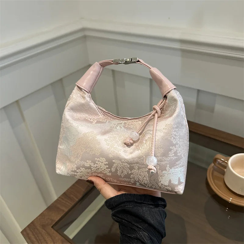 Sweet Embroidery Shoulder Bag with Pearl Pendant