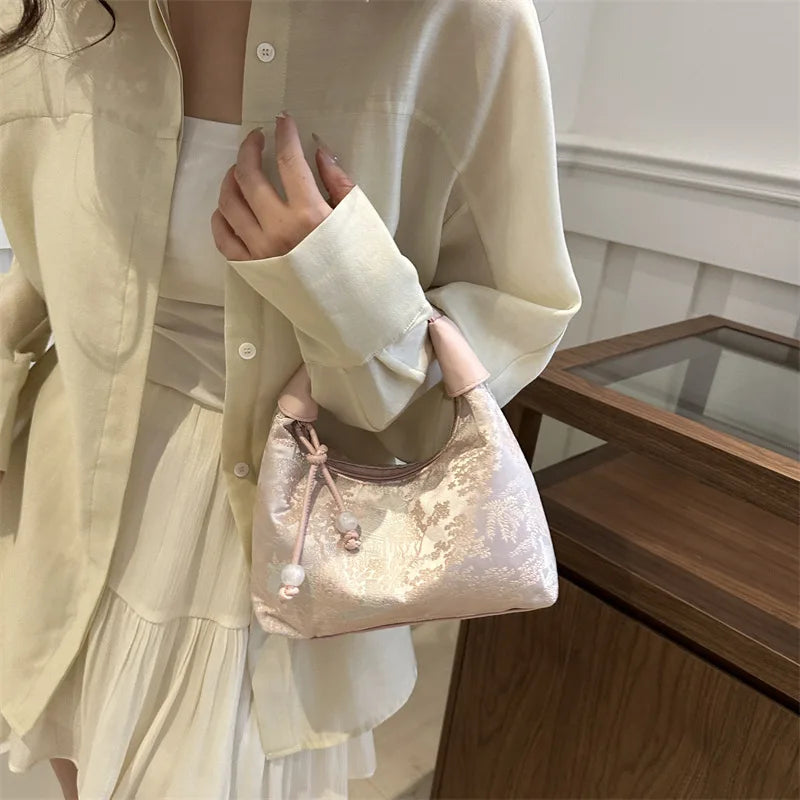 Sweet Embroidery Shoulder Bag with Pearl Pendant