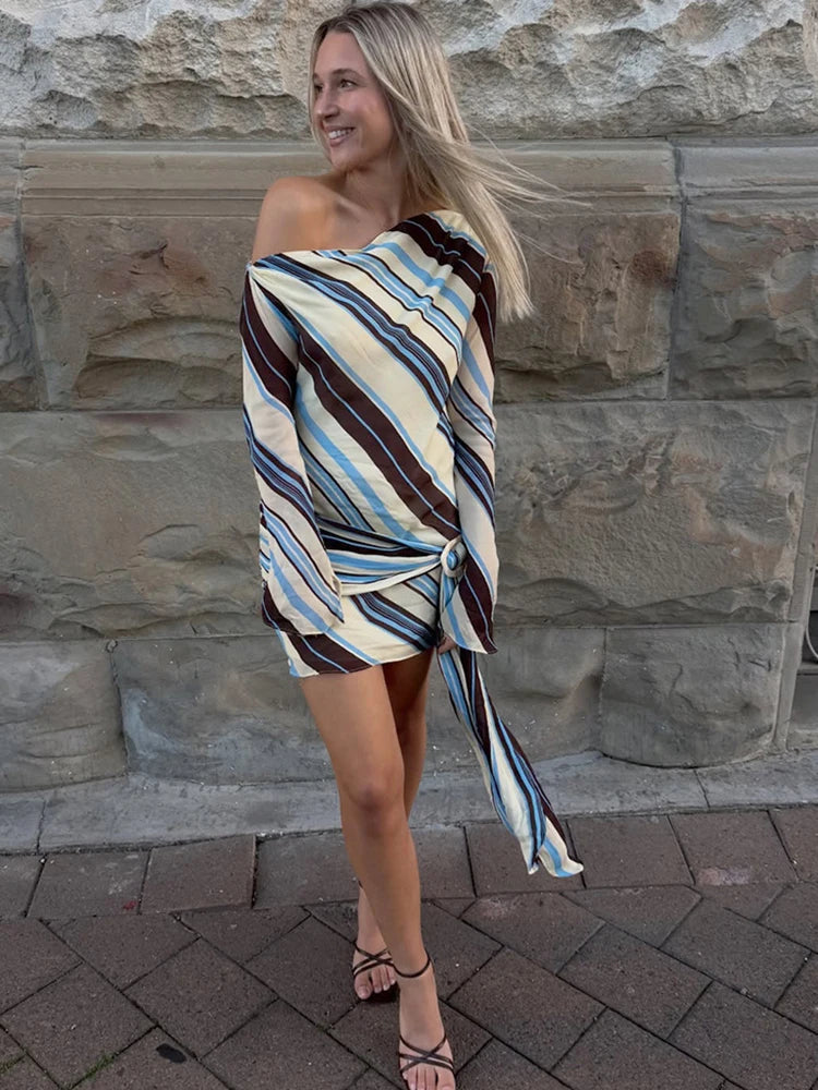 One Shoulder Printed Striped Dress