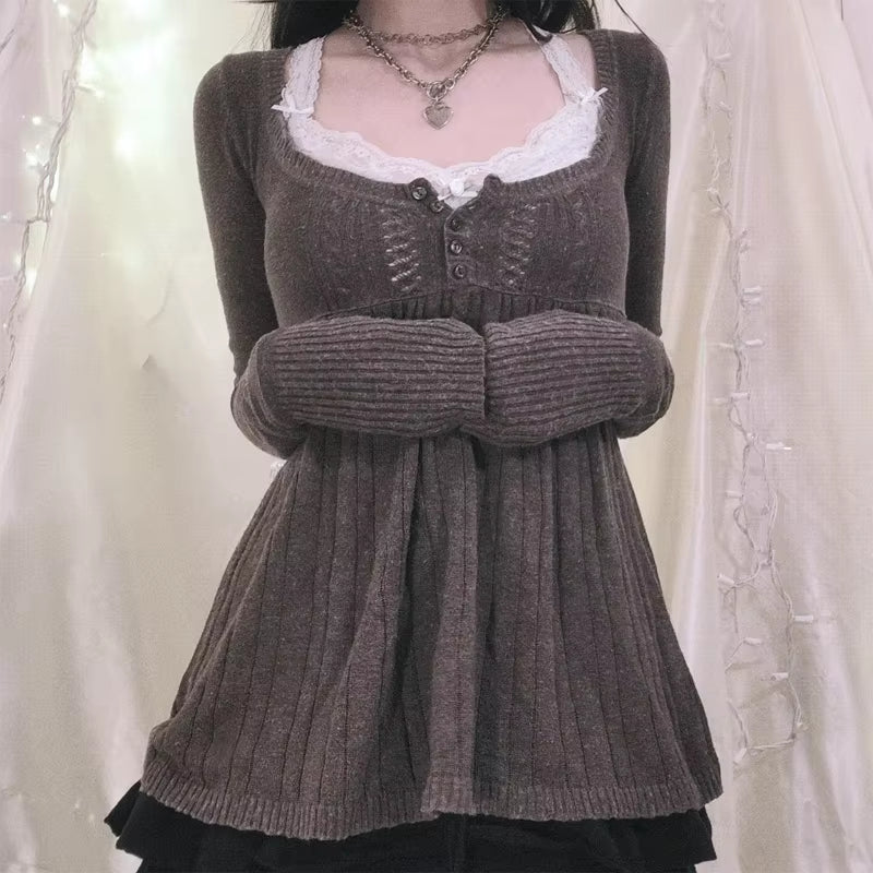 2000S Vintage Long Sleeve Babydoll Knitted Sweater Tops Cottage Milkmaid Pullovers Aesthetic Grunge Y2K Knitwear T-Shirts Women