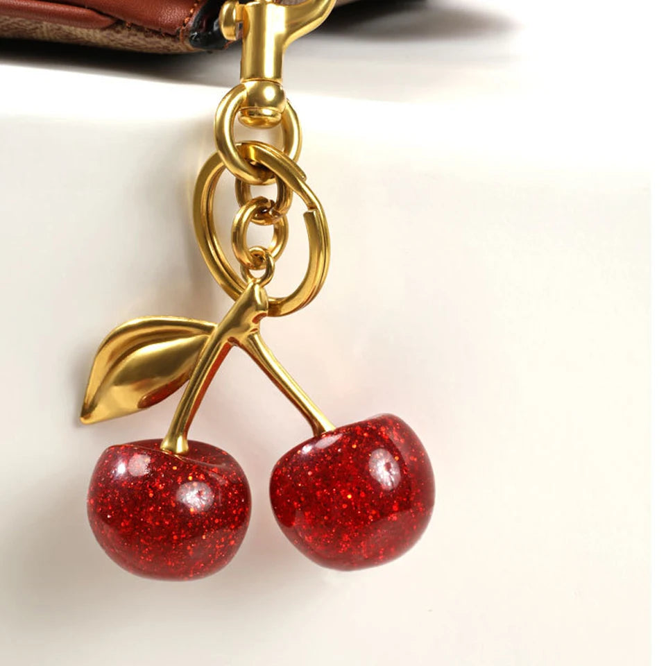 Fashion Red Cherry Keychain Summer Fruits Cherries Pendant Keyring for Women Men Jewelry Bag Accessories Gift
