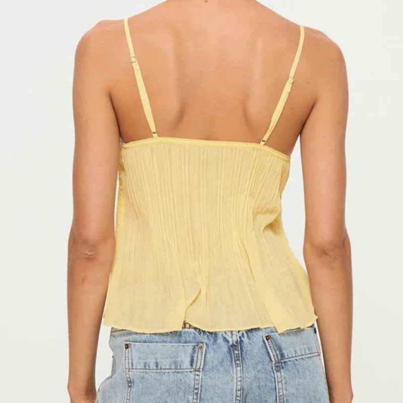 Women Y2K Fairy Pleated Mesh Sheer Camisole Mini Bowknot Front Spaghetti Strap V-Neck Lace Cropped Tops Clubwear Streetwear