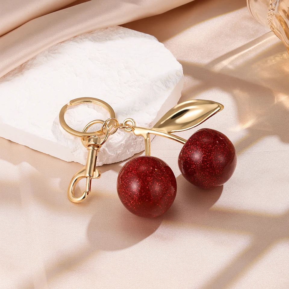 Fashion Red Cherry Keychain Summer Fruits Cherries Pendant Keyring for Women Men Jewelry Bag Accessories Gift