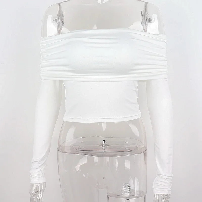 Women off Shoulder Long Sleeve Slim Tops and Blouses Mesh Ruched Crop Tops Summer Autumn Y2K Sexy Elegant Shirts Female