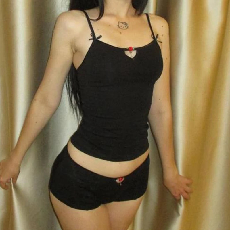 Cute Women 2 Piece Set Spaghetti Strap Camis Crop Tops + Shorts Vintage Pajamas Loungewear Fairy Coquette Y2K Outfits