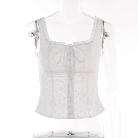 French Chic Vintage Tank Tops Y2K Fairycore Jacquard Button up Vest 2000S Retro Square Collar Frill Bandage Milkmaid Crop Tops
