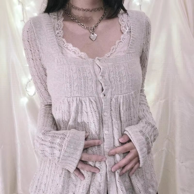 2000S Vintage Long Sleeve Babydoll Knitted Sweater Tops Cottage Milkmaid Pullovers Aesthetic Grunge Y2K Knitwear T-Shirts Women