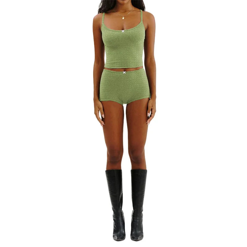 Y2K Pajamas Sets Women Bow Sleeveless Knitted Camisole Tops and Elastic Shorts Loungewear Soft Sleepwear for Nightwear
