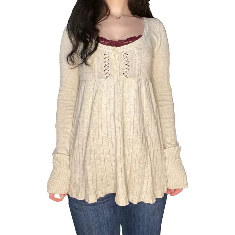 2000S Vintage Long Sleeve Babydoll Knitted Sweater Tops Cottage Milkmaid Pullovers Aesthetic Grunge Y2K Knitwear T-Shirts Women